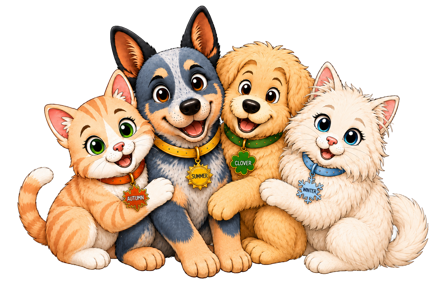 Autumn, Summer, Clover and Winter cuddling together.